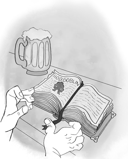 Chapter heading: hands opening an old book to a page headed Hobgoblin