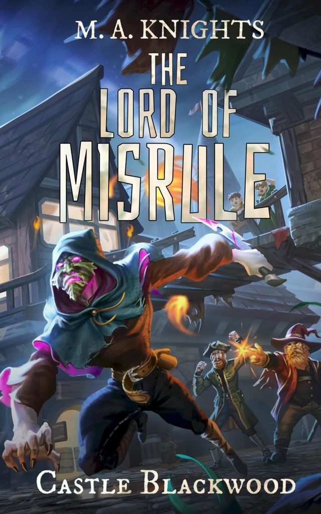 Cover of The Lord of Misrule: a hooded figure in a snowy street of timbered houses