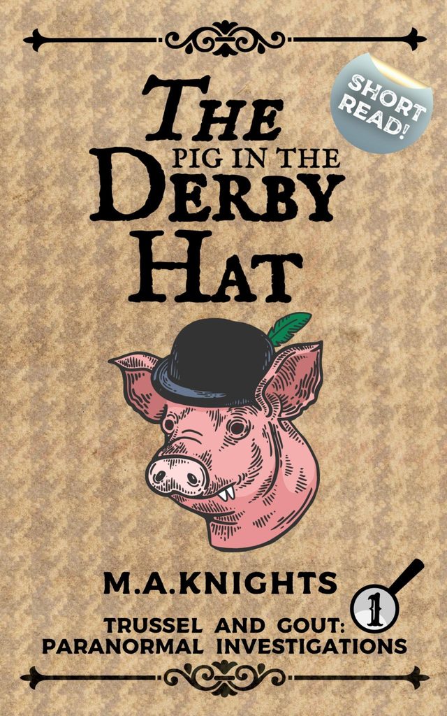 Cover of The Pig in the Derby Hat: a pig in a bowler hat with a green feather, on tan houndstooth