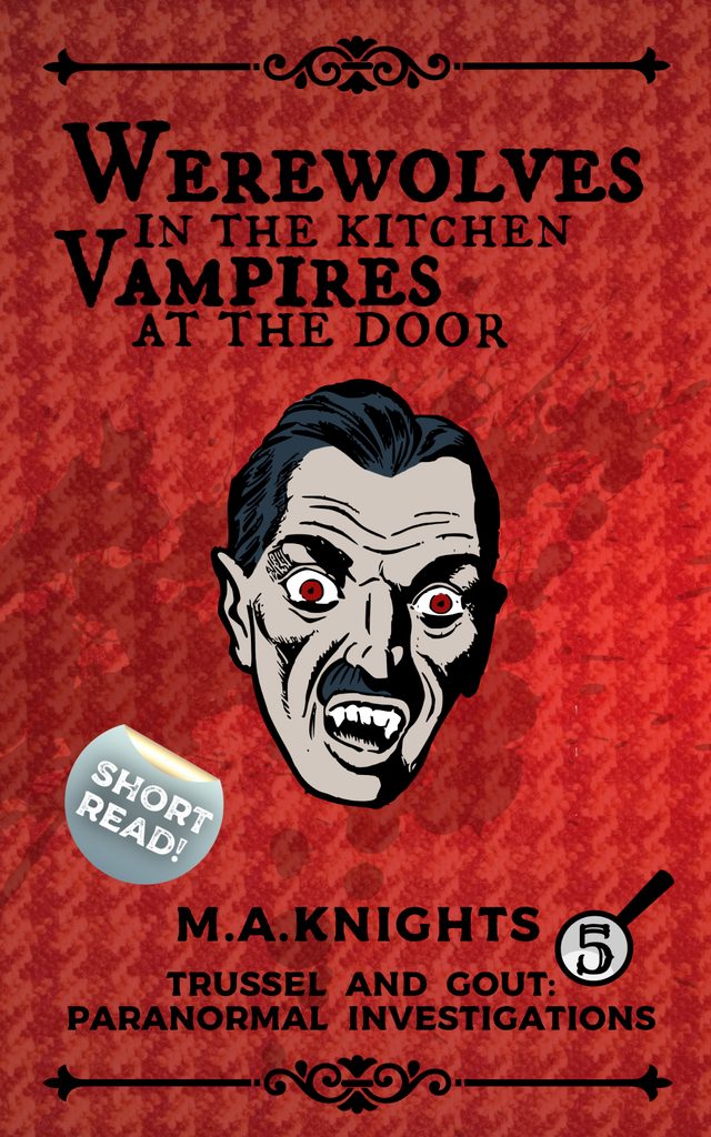 Cover of Werewolves in the Kitchen, Vampires at the Door: a snarling vampire's head on red houndstooth